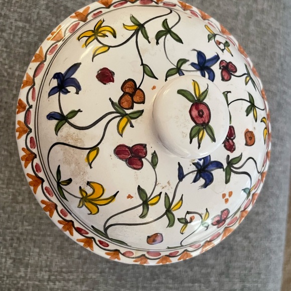 Hand painted in Brazil covered canister. See chips as noted. - Picture 3 of 11